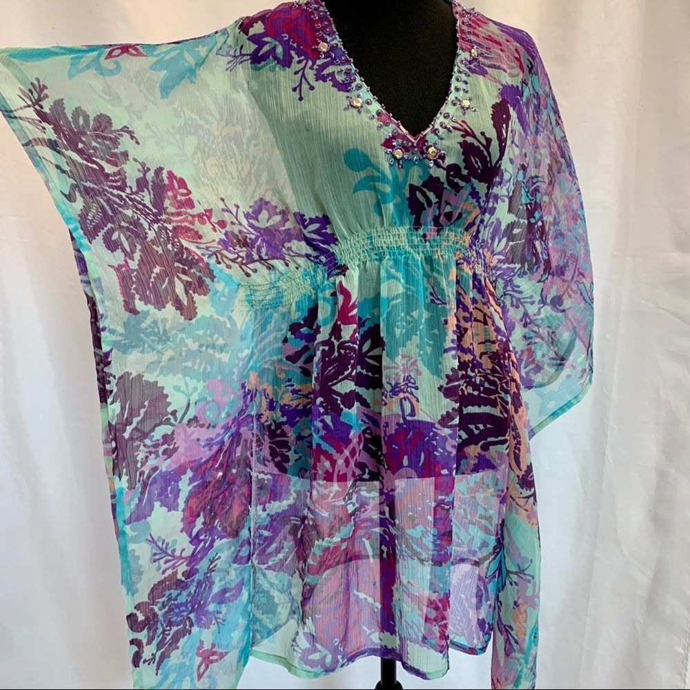 𝅺Tropical chiffon sheer teal blue purple floral beach cover-up blouse sequin SzM - Picture 9 of 10